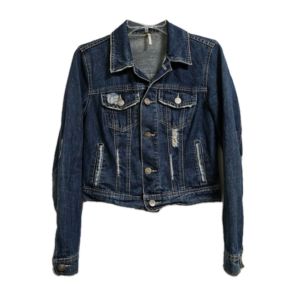 Free People Denim Jacket Womens 4 Blue Distressed Cropped Button Front‎ Bohemian - Picture 1 of 10